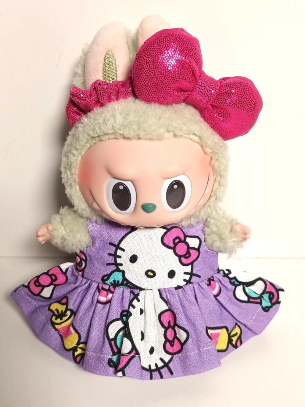 Custom Hello Kitty Dress and Metallic Bow Made to fit Labubu